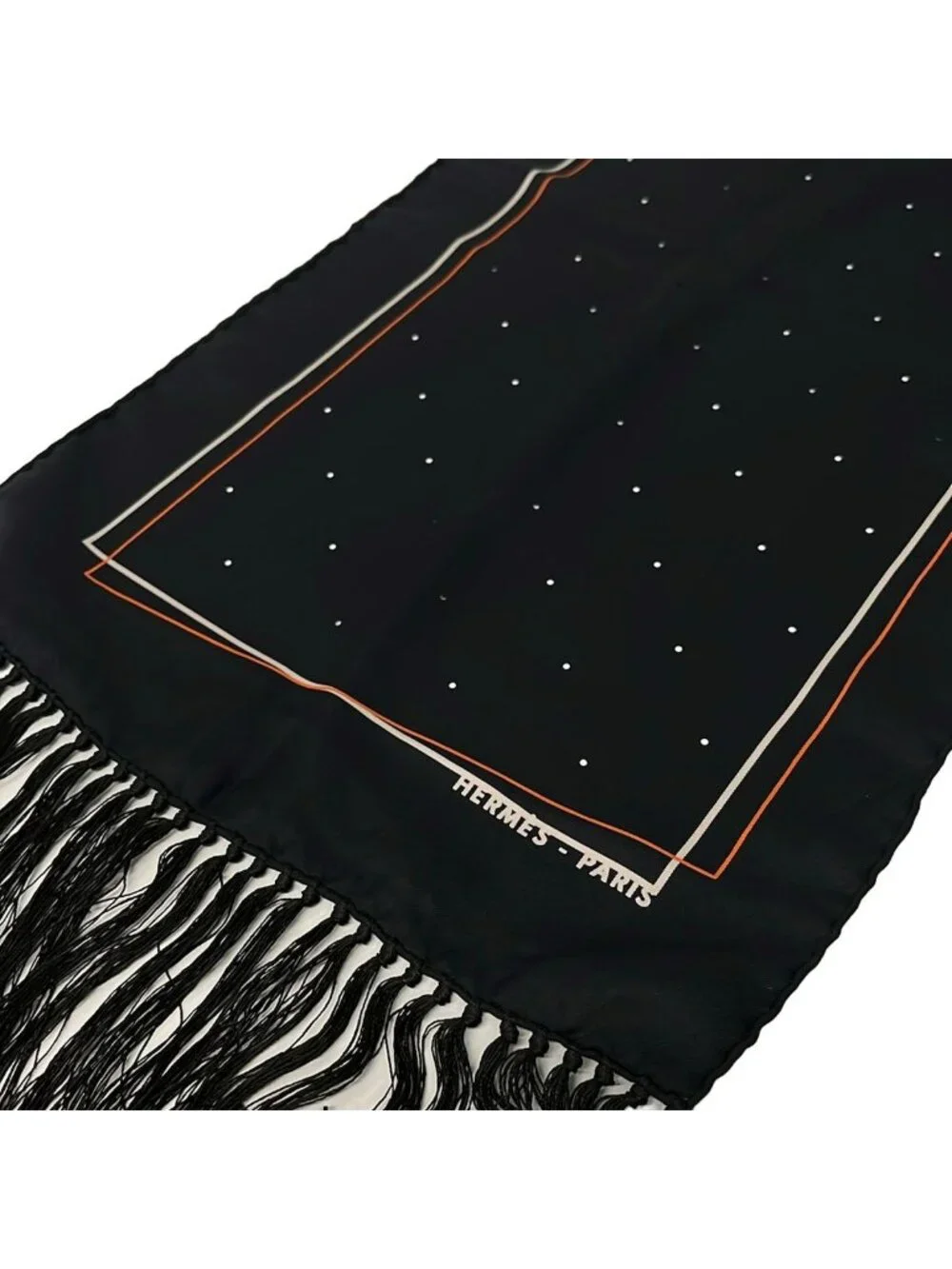 Hermes Shawl Black White Orange Fringe Perforated Silk Scarf